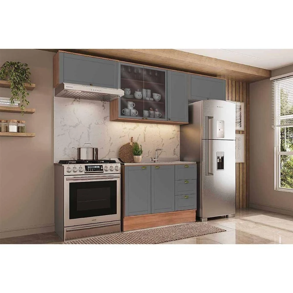 Cozinha Completa Bella C4P253 4 Peças MDF 120CM Nogal e Cinza Móveis Carraro