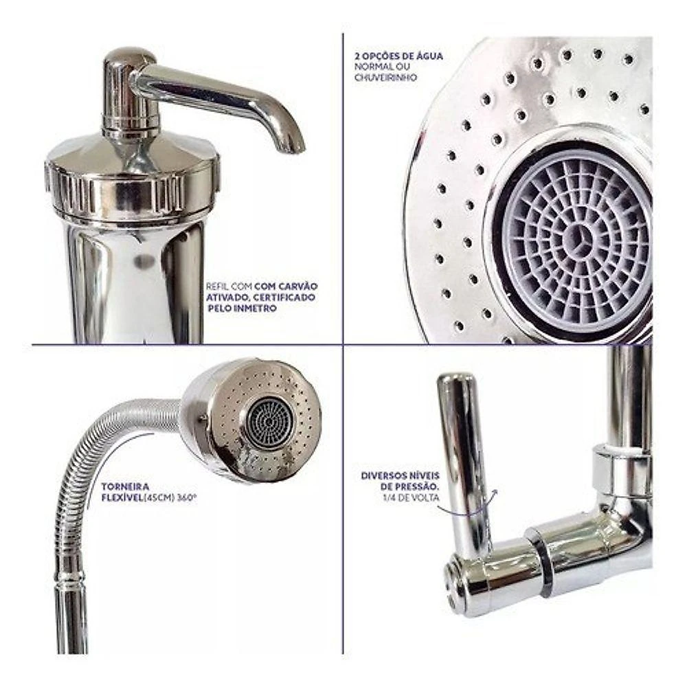 Torneira com Filtro para Cozinha Parede Gourmet 1-4 de Volta em Plástico ABS com Cano Inox OEM