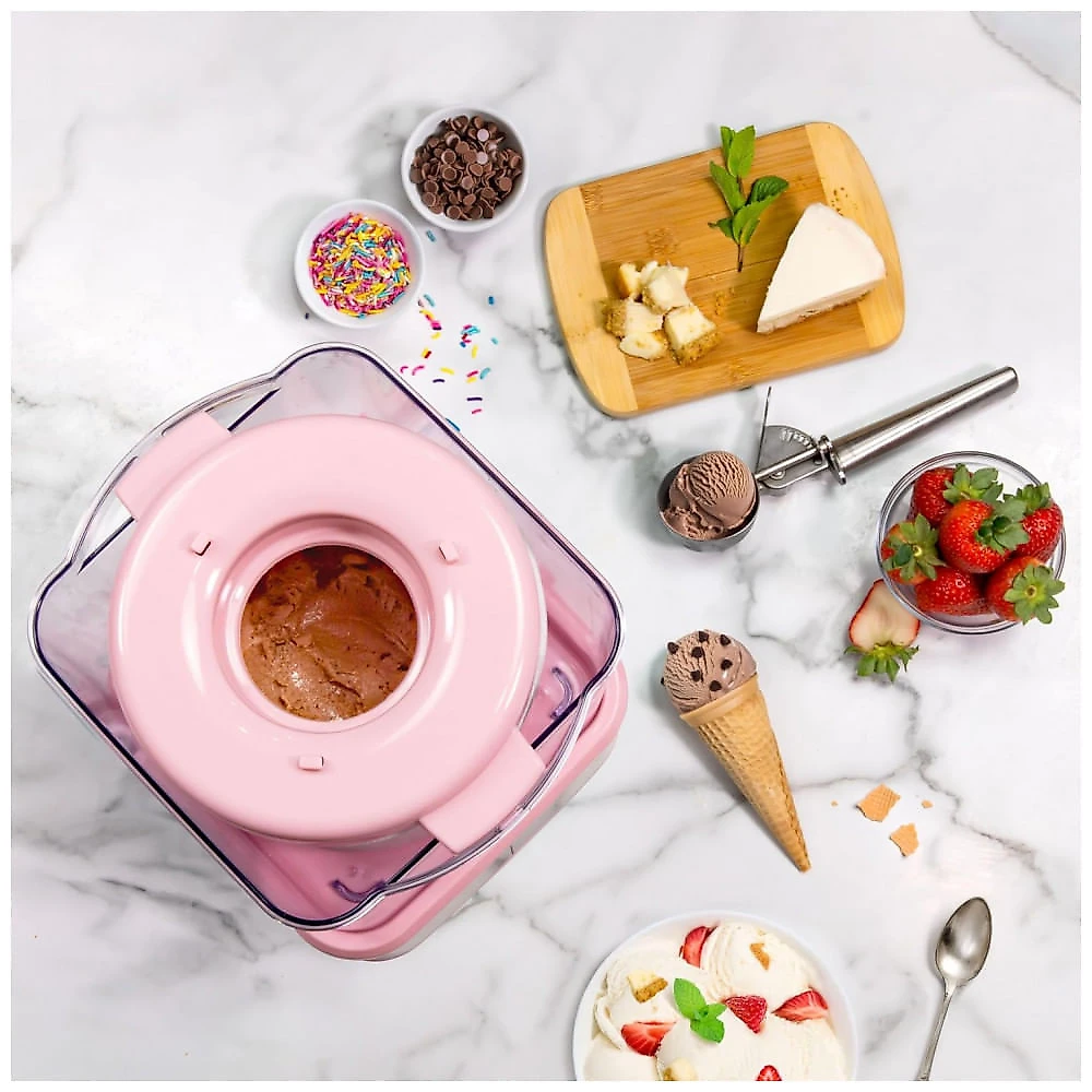 Sorveteira Elétrica Nostalgia Rosa Inox 1,89L Cuba Gel Dupla Isolação Base Aço Inoxidável Automática 120V