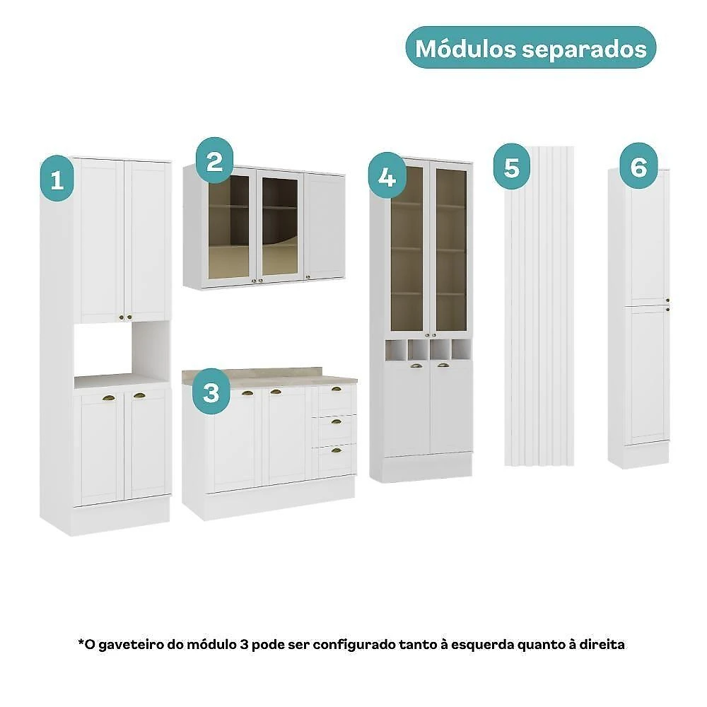 Cozinha Milla Mona 15 Portas 3 Gavetas MDF 350CM Branco Móveis Carraro webcontinental-7893455163849