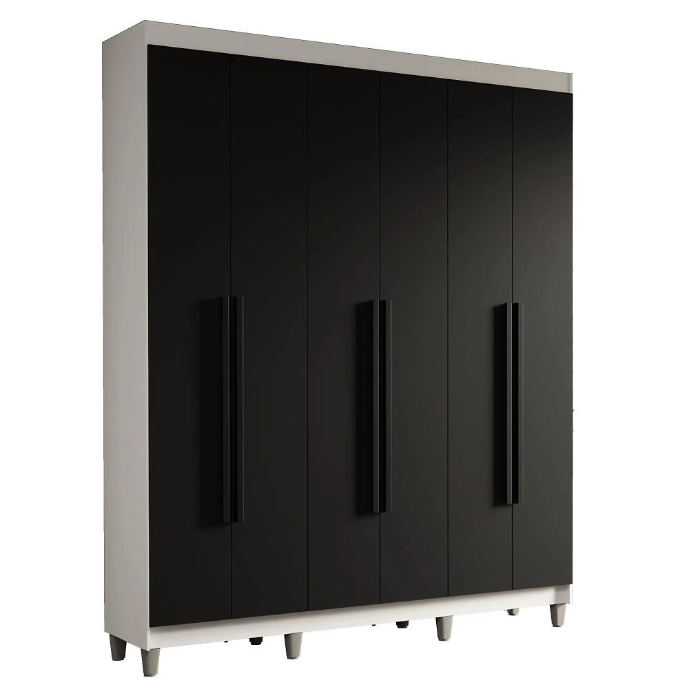 Guarda-roupa casal com pés 6 portas batentes branco/preto/preto saturno madesa
