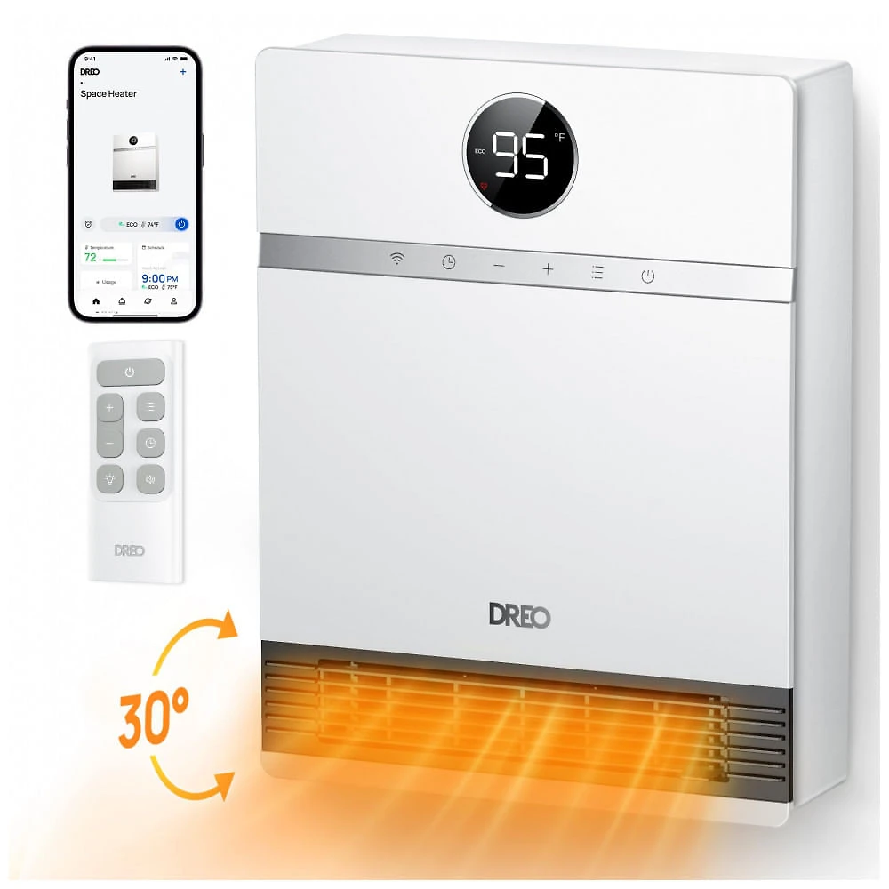 Aquecedor de Parede Inteligente DREO Branco PTC IP24 1500W Oscilação 30 graus 28dB Alexa Timer 24h App 120V