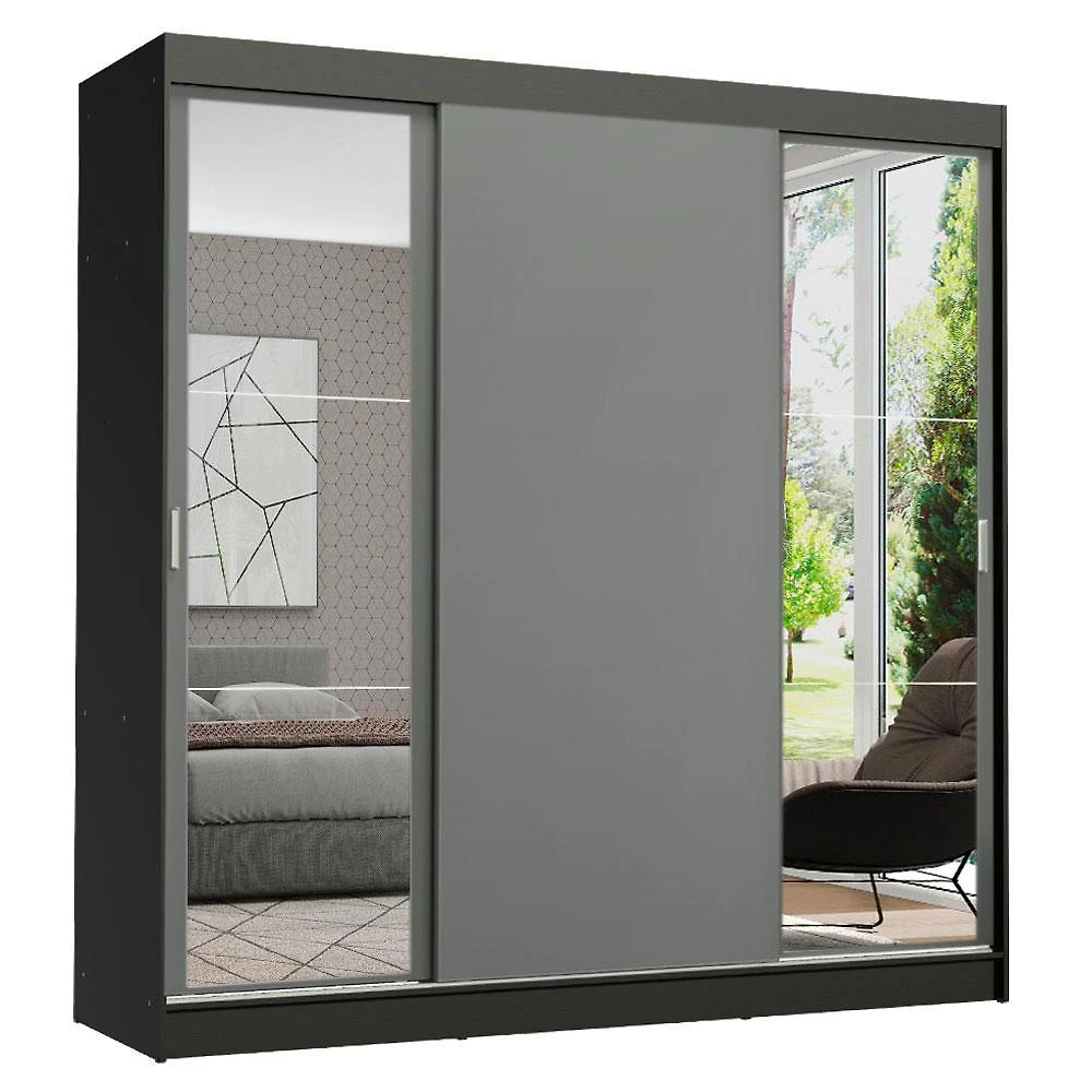 Guarda-roupa casal madesa reno 3 portas de correr com espelhos - preto/cinza