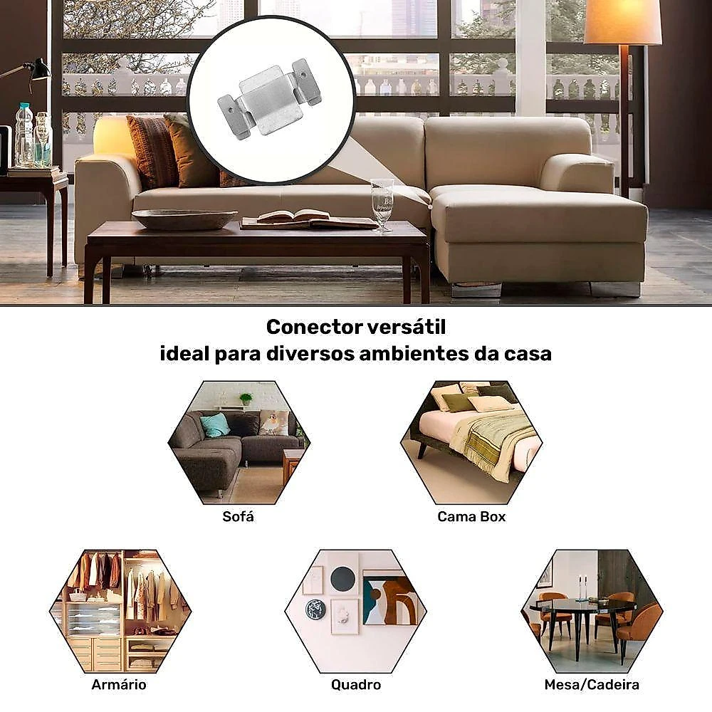 02 Pares Conector De Encaixe Para Móveis Compátivel Sofá Cabeceira Painel Galvanizado - Desk Design