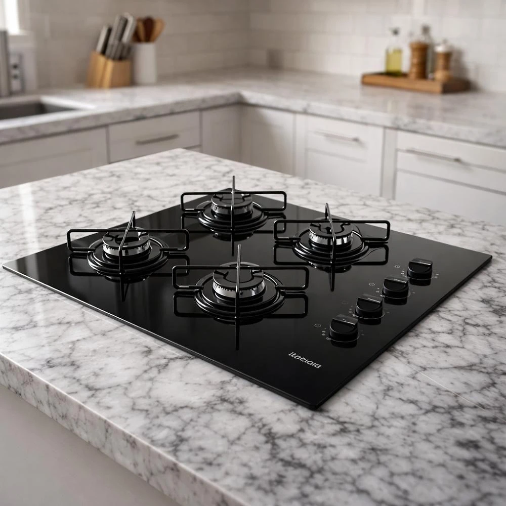 Cooktop A Gás Itatiaia Essencial 4 Bocas Mesa Vidro Temperado Preto Acendimento Automático Trempes Resistentes Bivolt