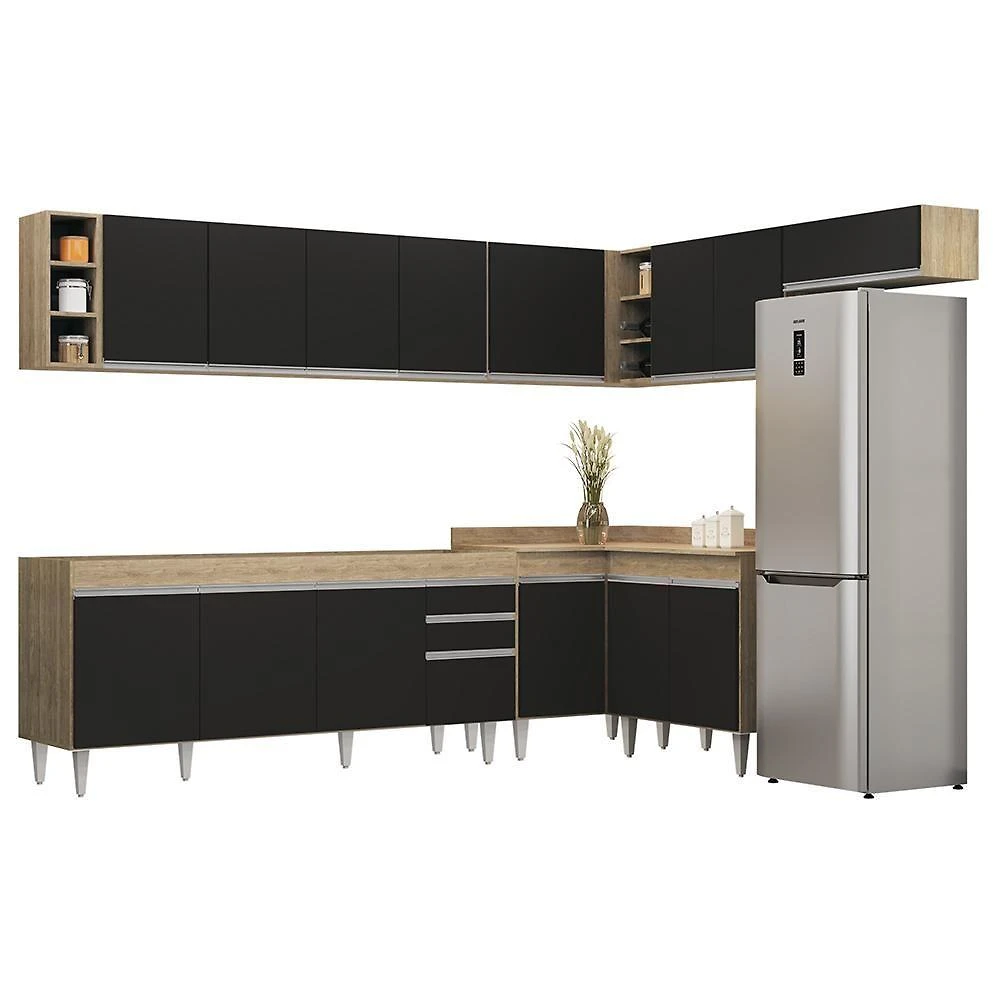 Armário De Cozinha Modulado De Canto 8 Peças Cp25 Balcão Sem Tampo Castanho/preto - Lumil