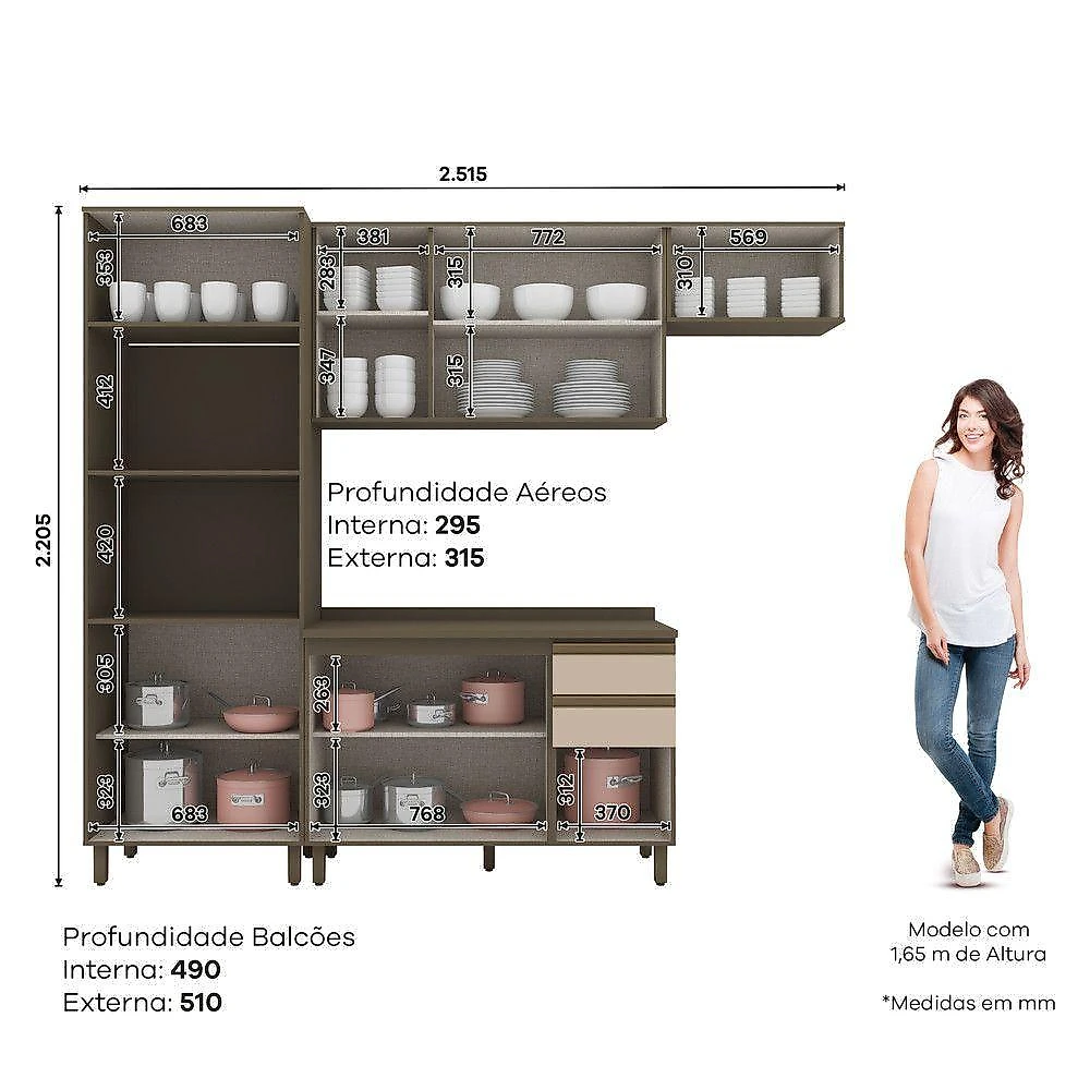 Cozinha Compacta Connect 10 Portas 5 Prateleiras MDF Duna-cristal Móveis Henn