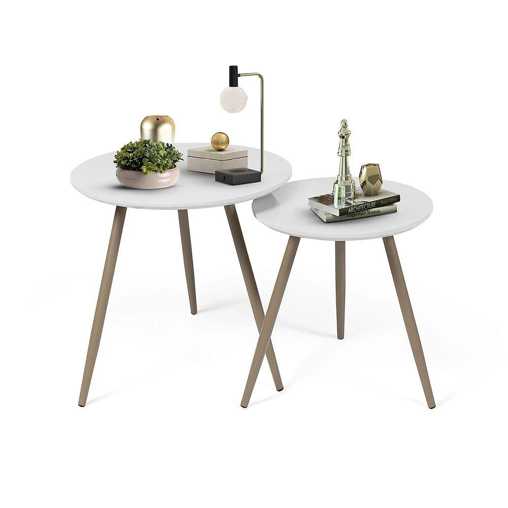 Kit Mesas Laterais Sofá 2 Unidades Pés Em Aço Tubular Decorativo Champanhe/branco