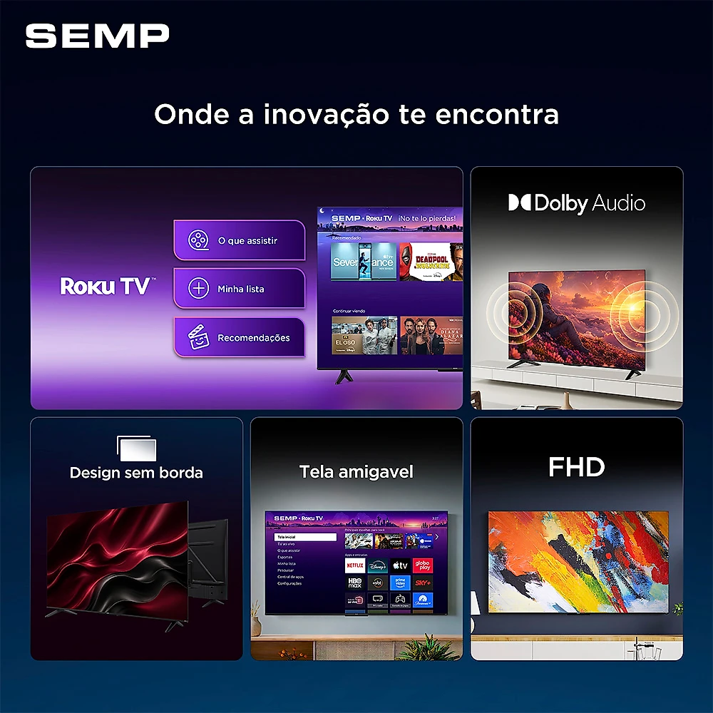 Smart TV Semp 43 Polegadas LED Full HD S42R Roku TV Wi-Fi Dolby Audio Brilho até 240 Nits 43S42R