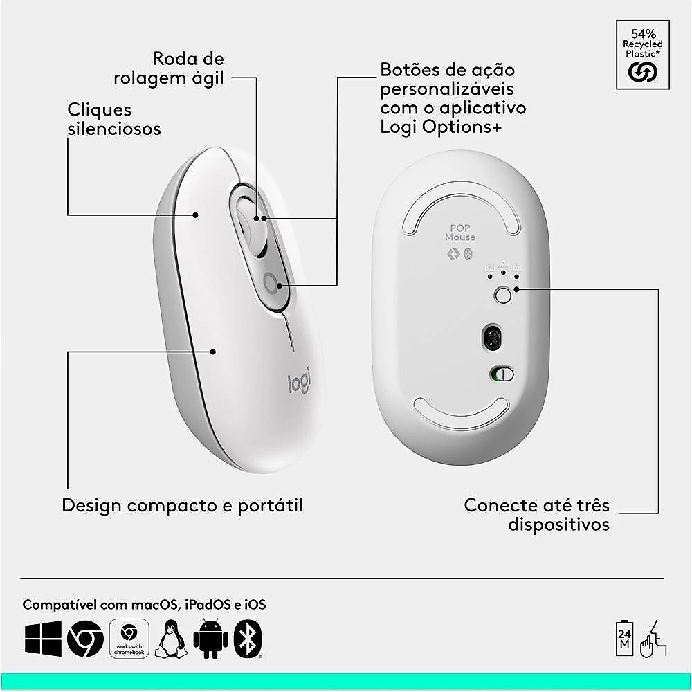 Kit Teclado e Mouse Sem Fio Logitech POP Icon com Teclas e Botões Personalizáveis, Silencioso, Bluetooth, Branco- 920-013057