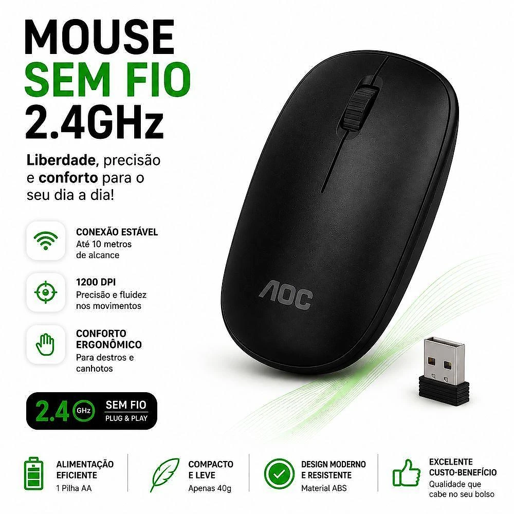 Mouse Óptico sem Fio 2.4GHZ USB 1200 DPI Ergonômico Wireless Preto AOC
