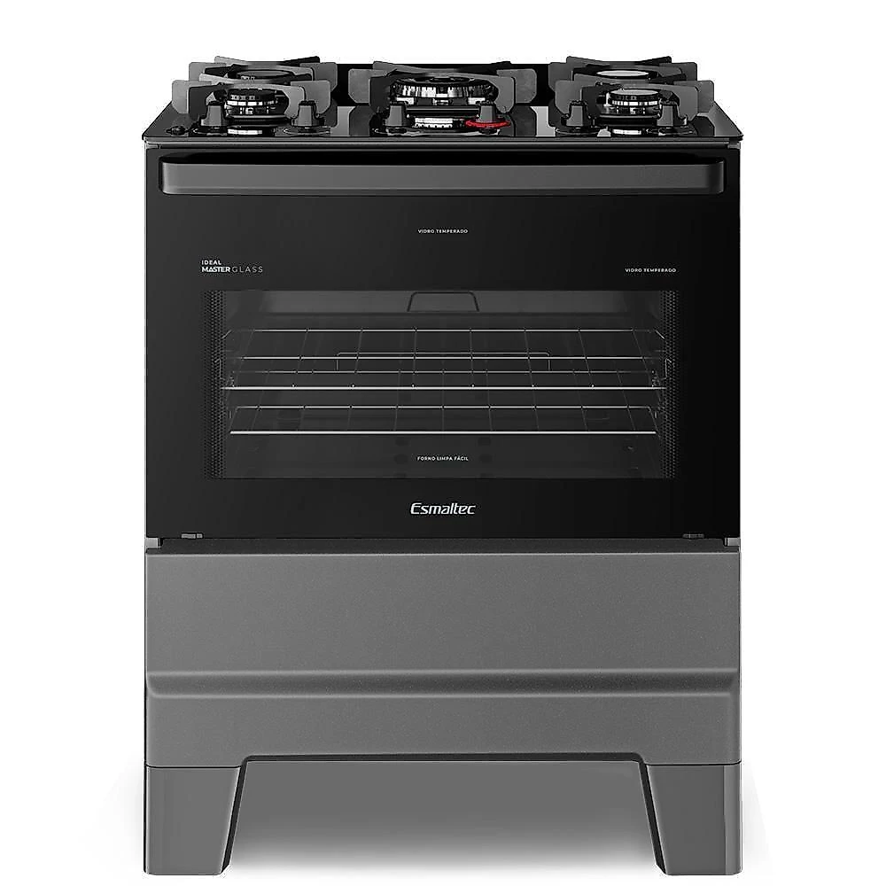 Fogão A Gás Mesa De Vidro Forno 84l Esmaltec Ideal Master Glass Titanium 5 Bocas Bivolt