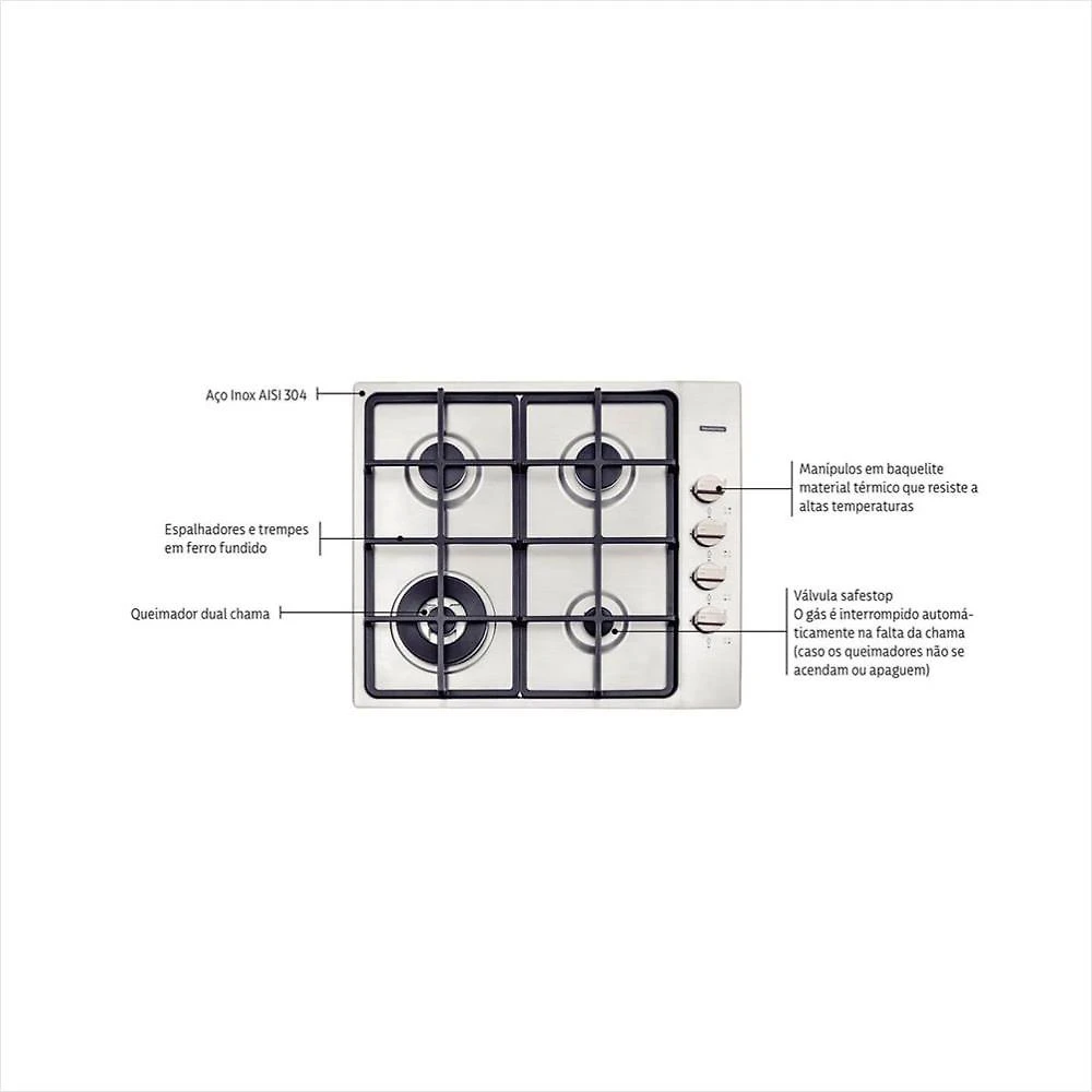 Cooktop a gás tramontina square 4 bocas trempes em ferro fundido inox