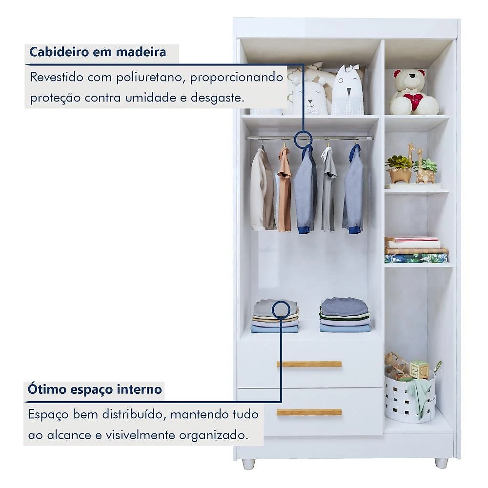Quarto de Bebê Guarda Roupa 3 Portas e Berço Mini Cama 100% MDF com Colchão Nina  Branco