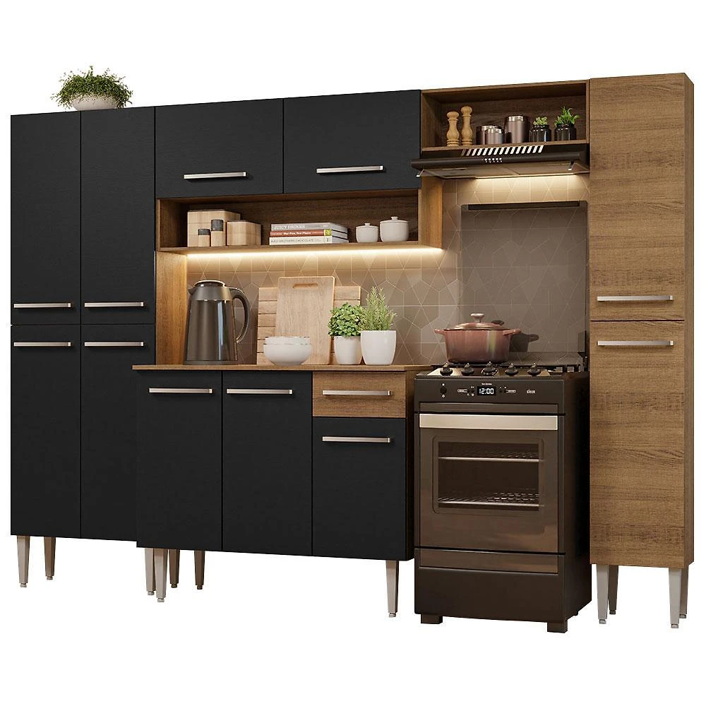 Armário de cozinha completa madesa emilly hit com balcão 11 portas 1 gaveta - rustic/preto