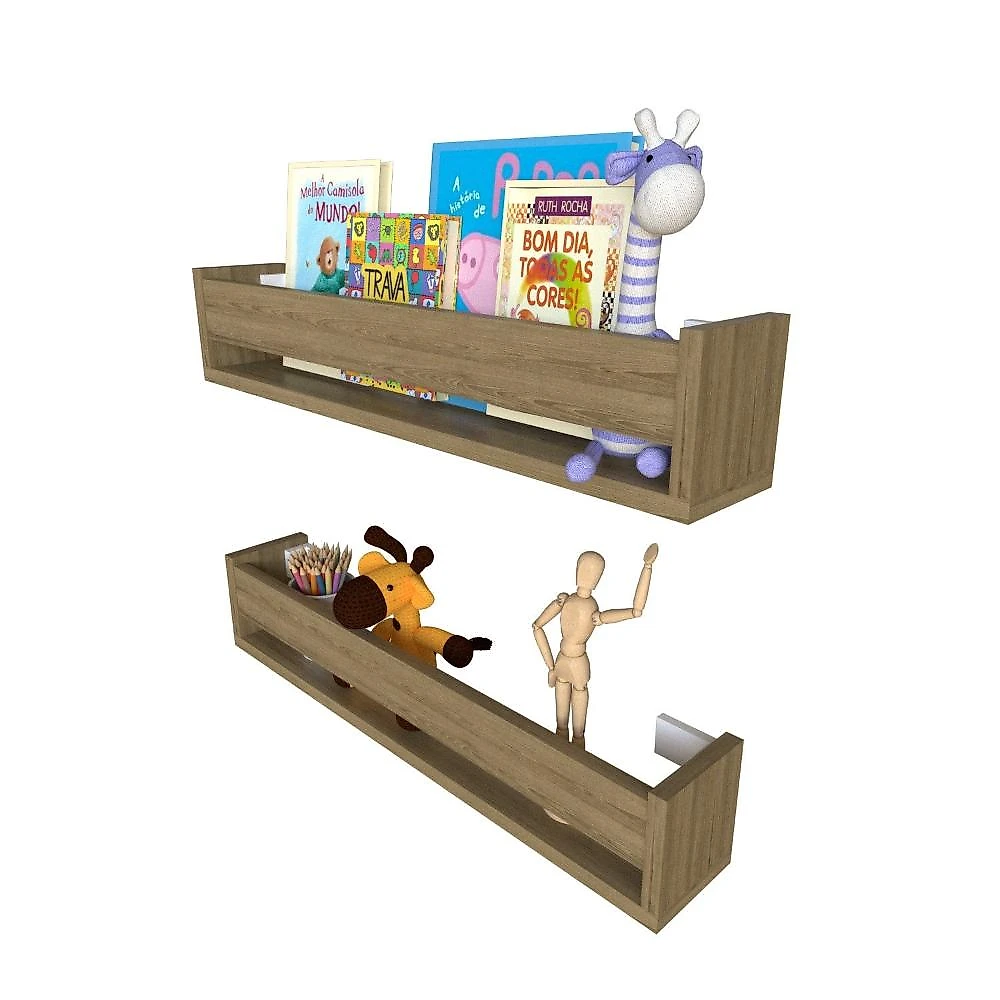 Kit Infantil com 2 Prateleiras para Livros e Decoração Carvalho Mel