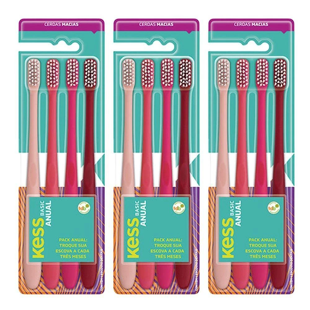 Kit Escova de Dente Kess Basic Cerdas Macias Nylon Rosa com 12 Unidades