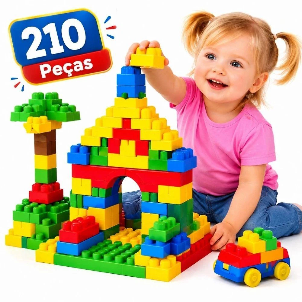 Brinquedo de Montar Super Blocos 210 Peças Educativo com Bolsa