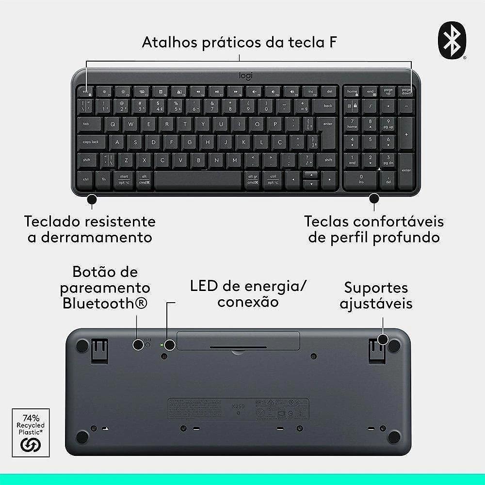 Kit Teclado e Mouse Sem Fio Logitech MK250 Compacto, Mouse Ambidestro, Bluetooth, ABNT2, Compatível PC e Mac, Grafite - 920-013516