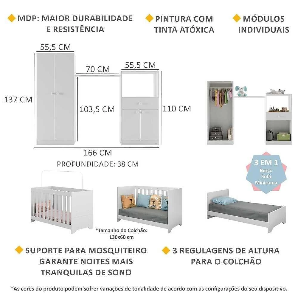 Quarto Infantil Com Berço 3 Em 1 Luíza Branco
