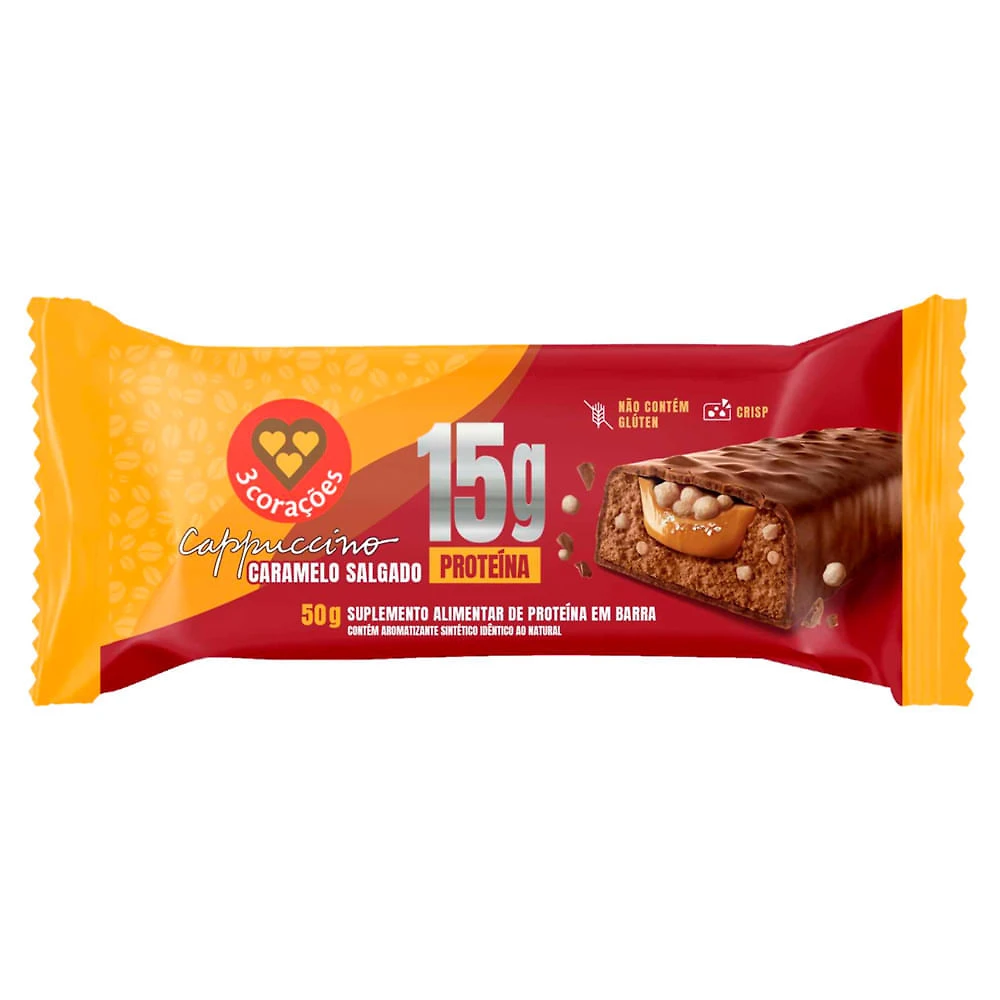 Barra de Proteína 3 Corações 15g Proteína Cappuccino Caramelo Salgado 50g