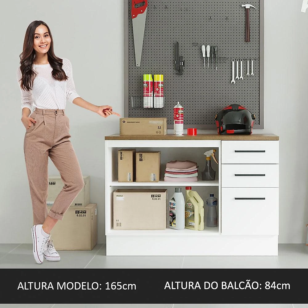 Balcão Multiuso 120cm 2 Portas 3 Gavetas Branco/Rustic Agata Madesa Branco/Rustic