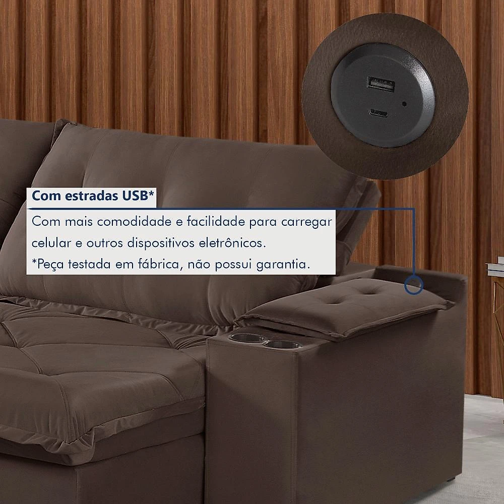 Sofá Retrátil e Reclinável com Entrada USB e Porta Copos 250cm Veneza Yescasa Sofá Retrátil e Reclinável 250cm M163 com Porta Copos Yescasa Veludo/Marrom Escuro