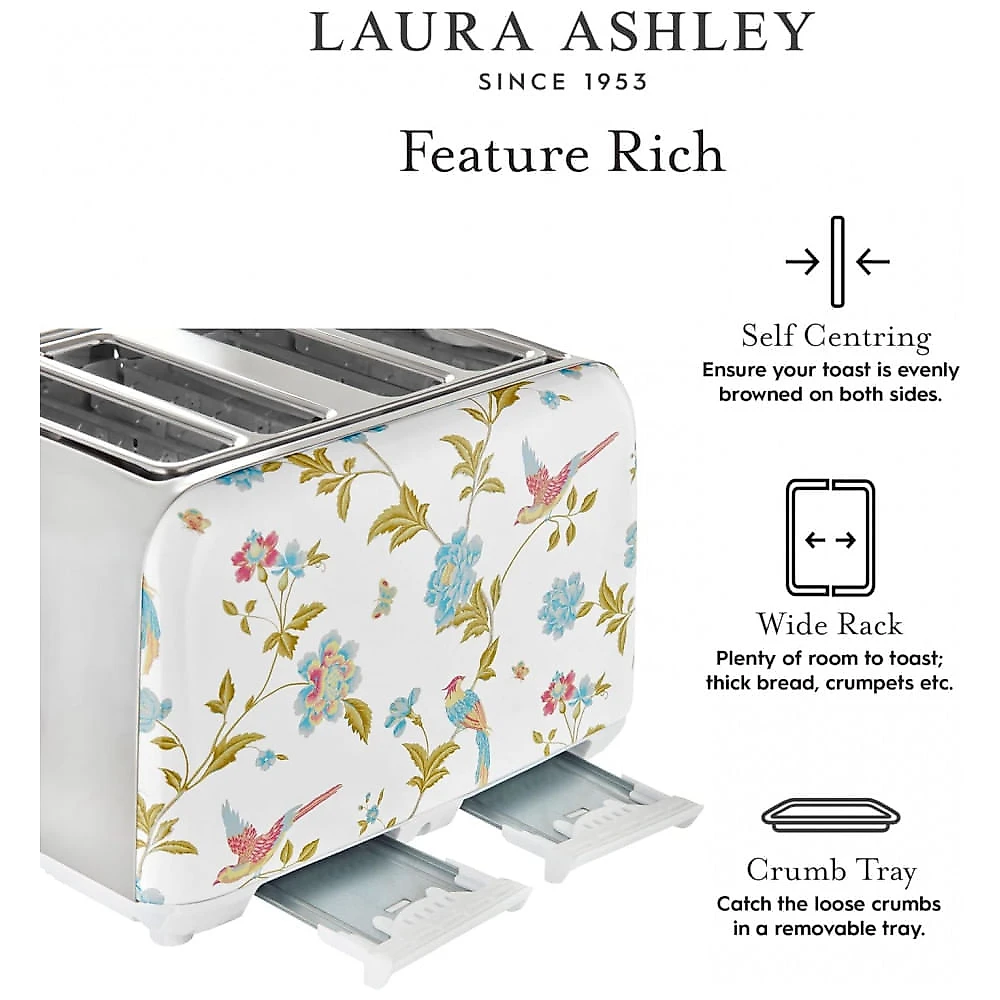 Torradeira 4 Fatias em Aço Inox Laura Ashley Branco com estampa floral Elveden, Slots Largos, 7 Níveis, Funções Descongelar, Reaquecer