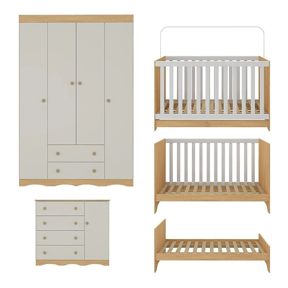 Quarto De Bebê Completo Com Berço Americano 3 Em 1 Realeza Multimóveis MP4583 Madeirado-off White