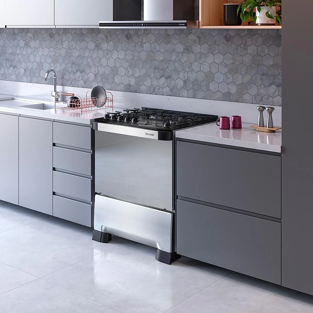 Fogão Mueller 5 Bocas Decorato Vetro Inox Com Mesa De Vidro Inox Bivolt