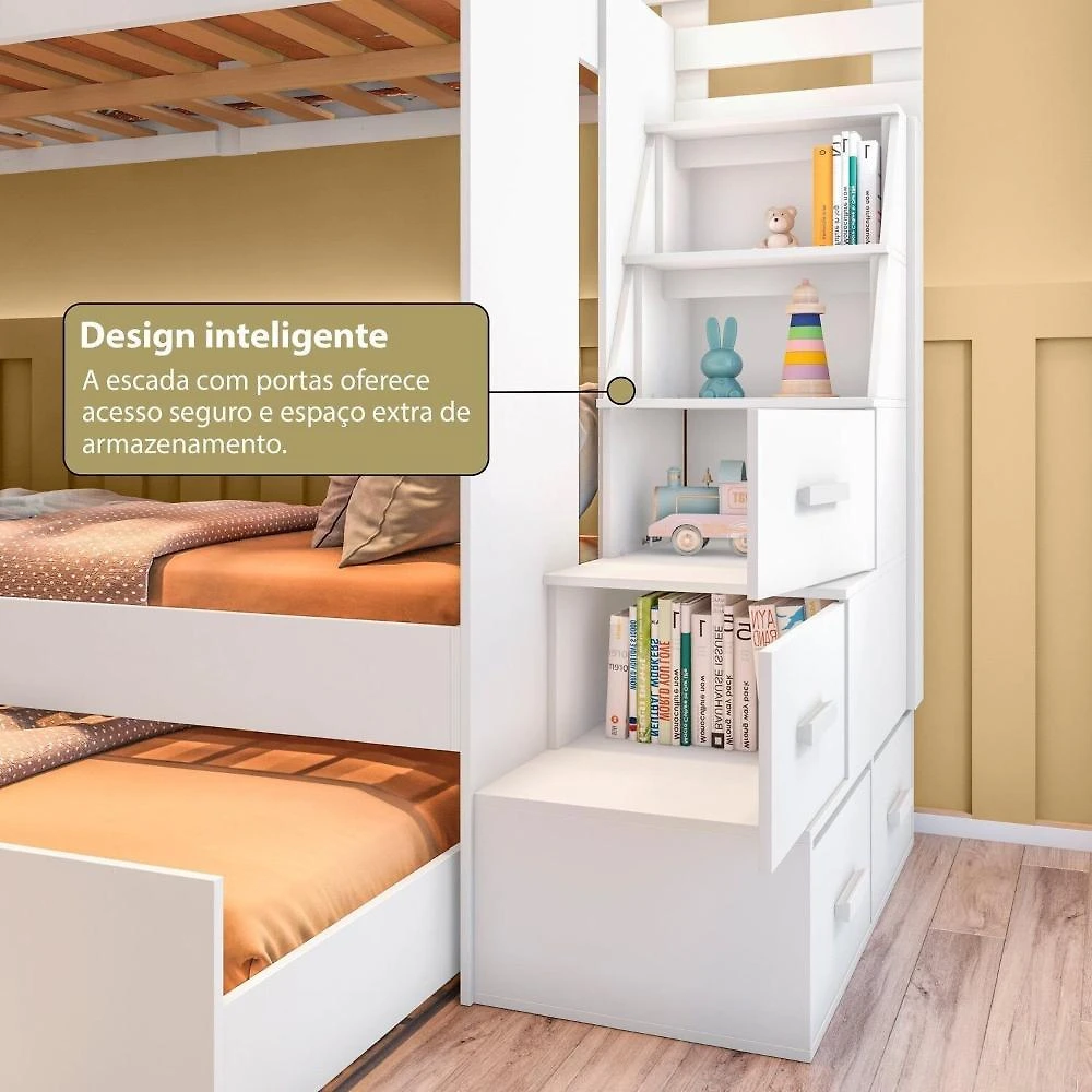 Beliche Infantil Juvenil com Cama Auxiliar Moon Branco