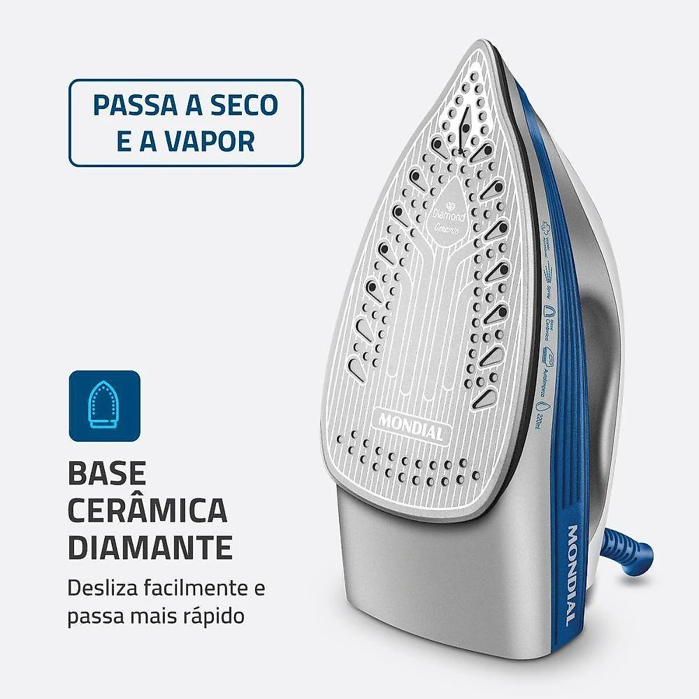 Ferro A Vapor Mondial Base Cerâmica Fvn-01-bl Branco/azul 220 V