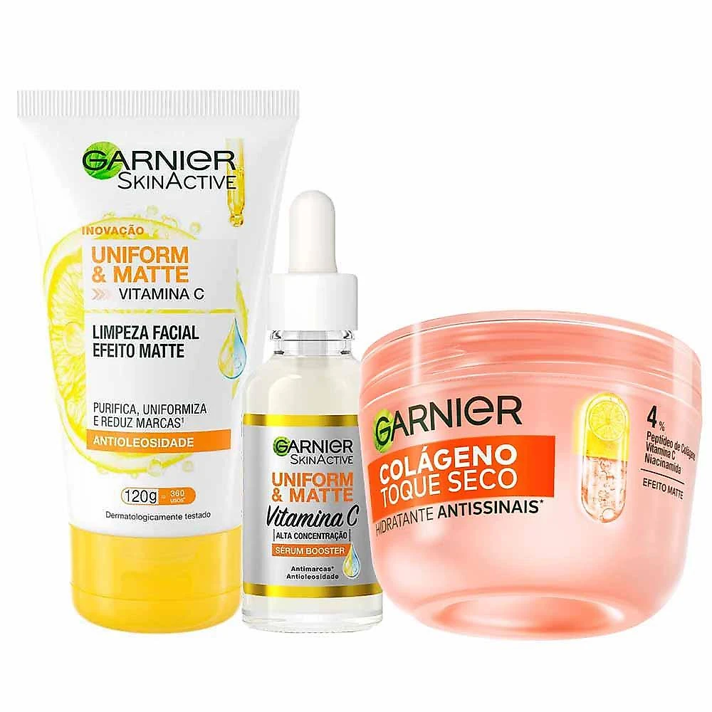 Garnier skin facial kit - hidratante antissinais + gel de limpeza + sérum antimarcas