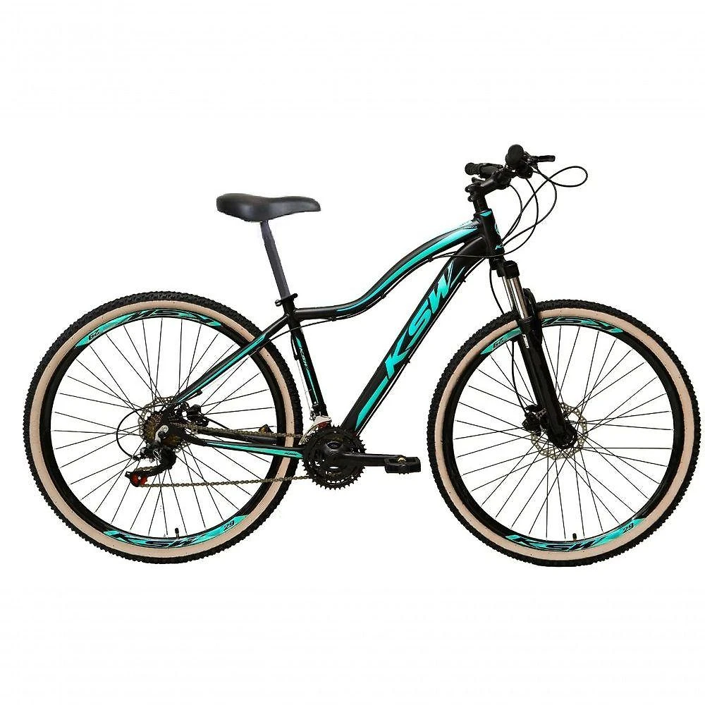 Bicicleta Feminina Aro 29 Ksw Mwza 24v Freio Disco Garfo Suspensão Mtb 29 Alumínio Pneu Faixa Bege - Preto-azul Tam.15