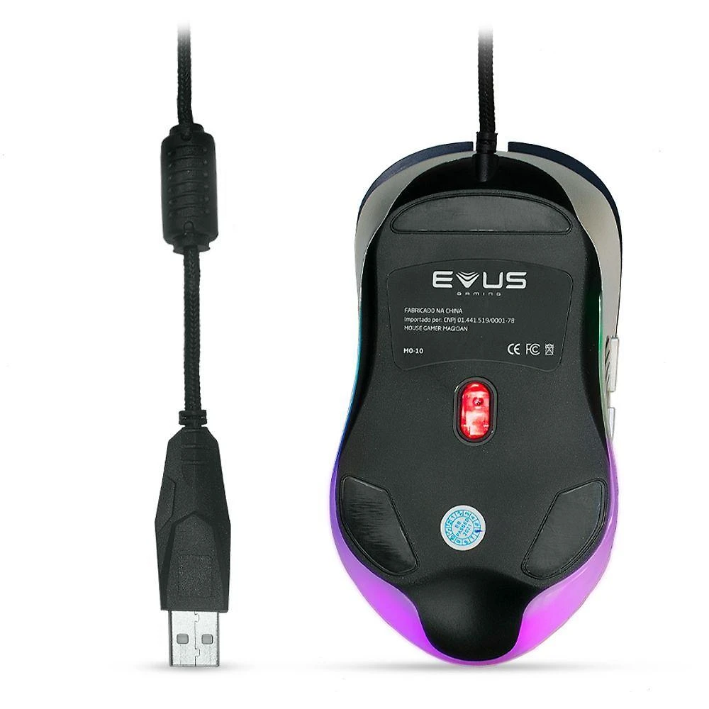 Mouse Gamer Evus Mo-10 Magician com Sensor Óptico 704 IC, 6 Botões e DPI Ajustável Até 6400