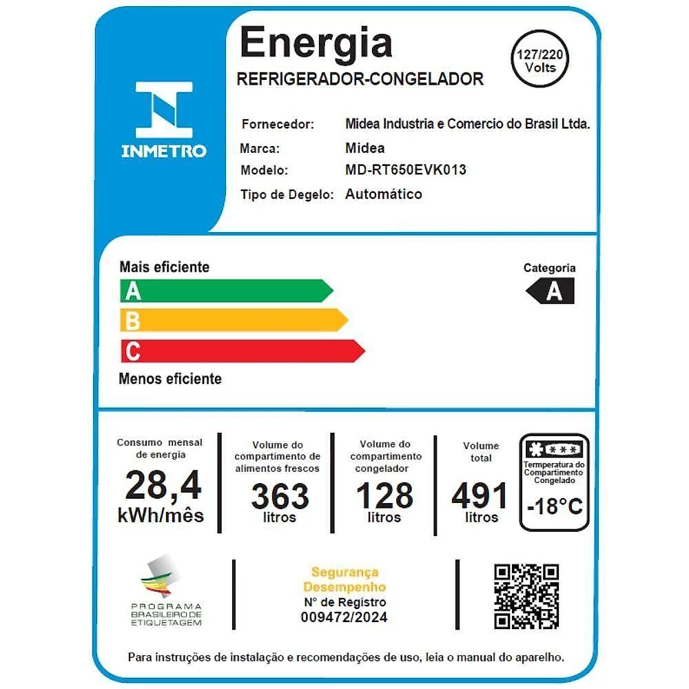 Refrigerador midea frost free duplex 491l inverter branco bivolt md-rt650evk013