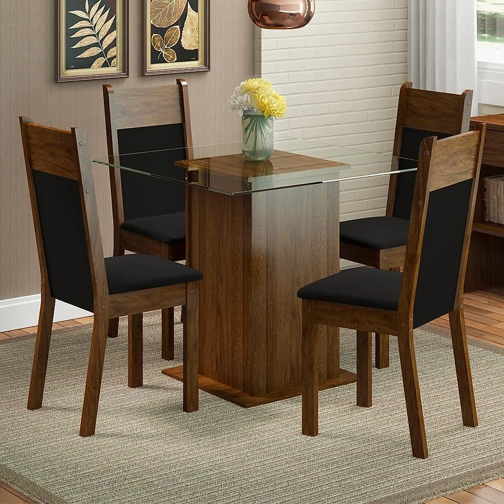 Conjunto sala de jantar madesa anita mesa tampo de vidro 4 cadeiras - rustic/preto/sintético preto