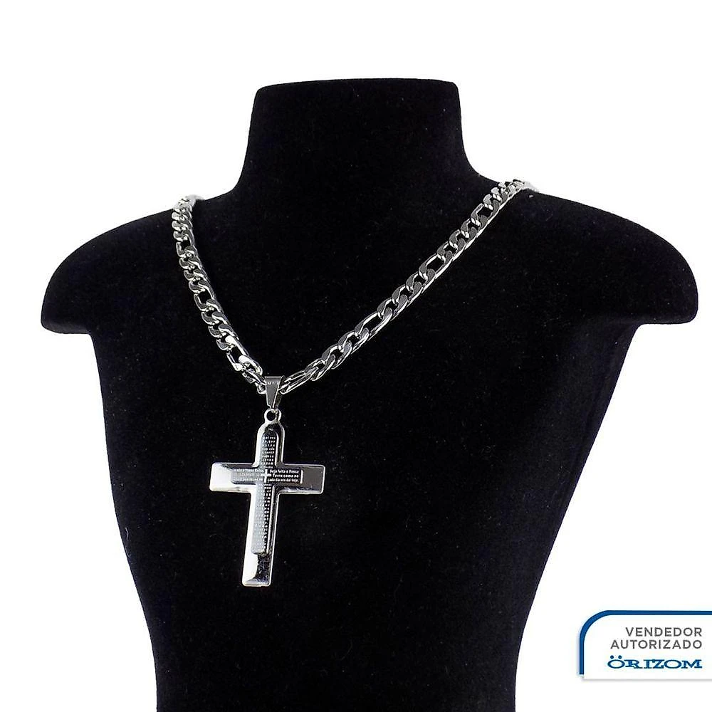 Kit Cordão com Pingente e Pulseira Orizom Aço Inox Prata Pai Nosso Crucifixo Masculino
