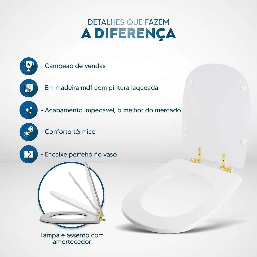 Assento Sanitário Soft Close Sabatini Areia Para Vaso Icasa Com Ferragem Dourada