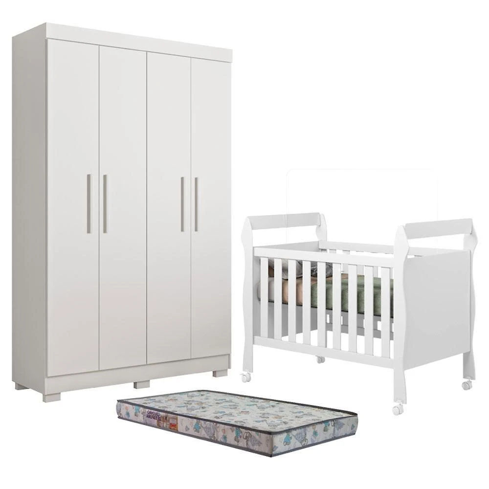Kit Berço Americano com Guarda Roupa e Colchão Soninho 4 Portas 3 Gavetas MDF Branco Acetinado Tigus