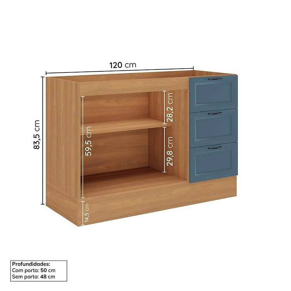Cozinha Compacta 4 Peças 2 Aéreos 2 Balcões Soho CabeCasa MadeiraOriginals Freijó/Azul