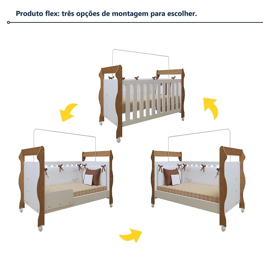 Quarto de Bebê Completo com Cômoda, Berço com Colchão e Guarda Roupas Mila Branco/Amadeirado