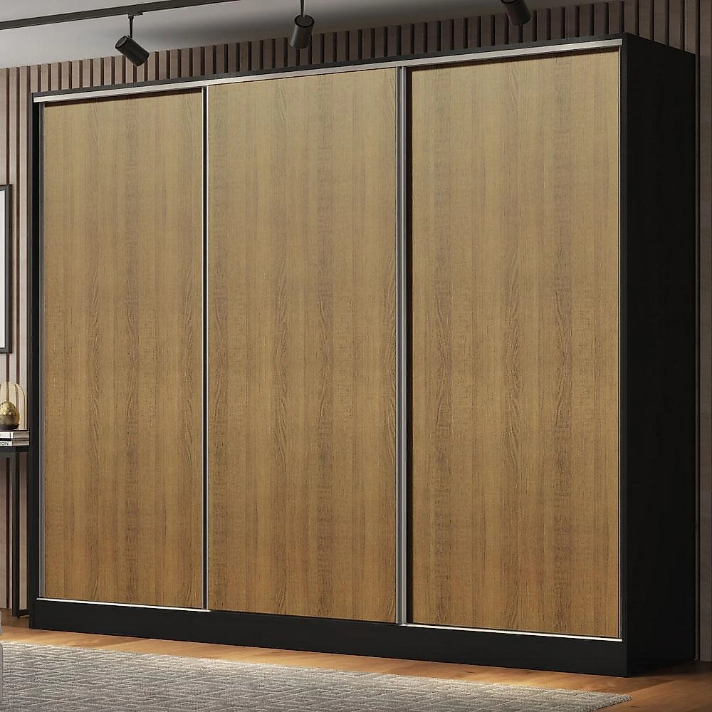 Guarda roupa casal 100% mdf madesa royale 3 portas de correr - preto/rustic