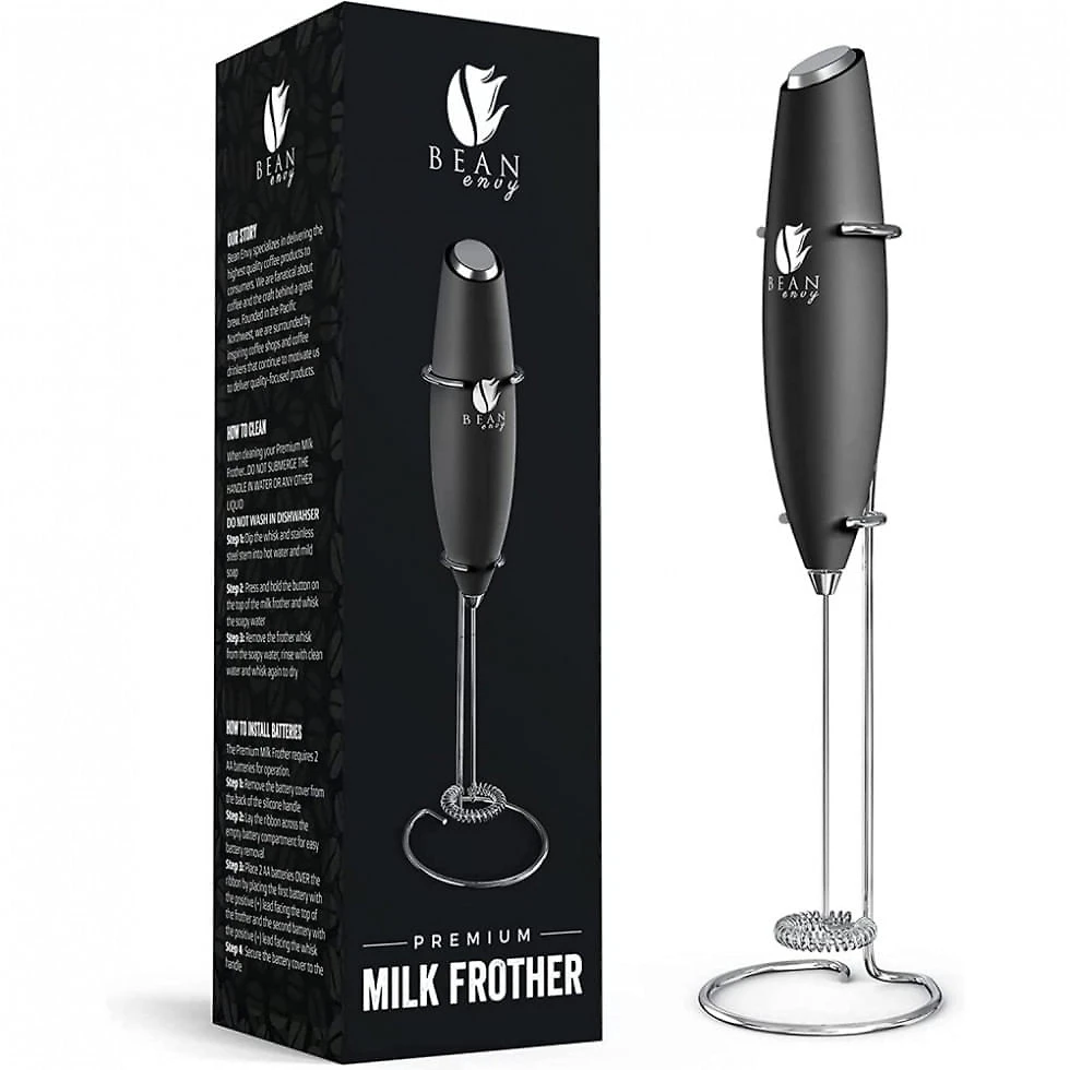 Espumador Elétrico de Leite em Aço Inoxidável a Bateria com Suporte, BEAN ENVY BK1, Preto