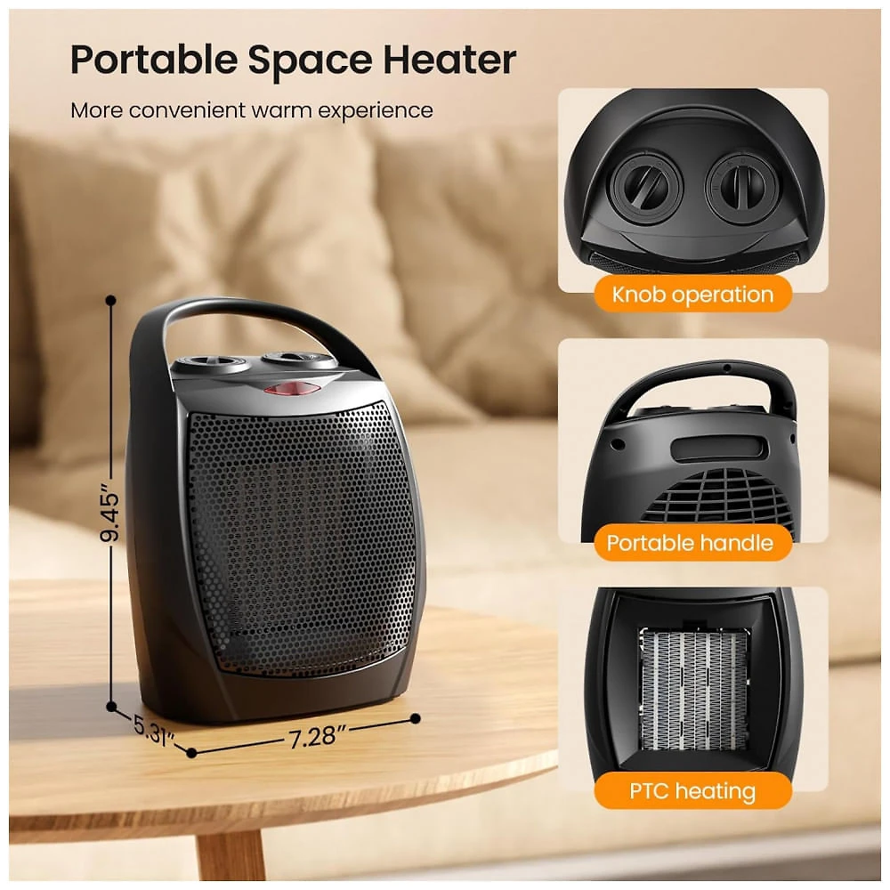 Miniatura Aquecedor Ceramico Portatil Kismile Preto 750W 1500W 3 Modos Termostato Ajustavel Modelo PTC-902A 120V