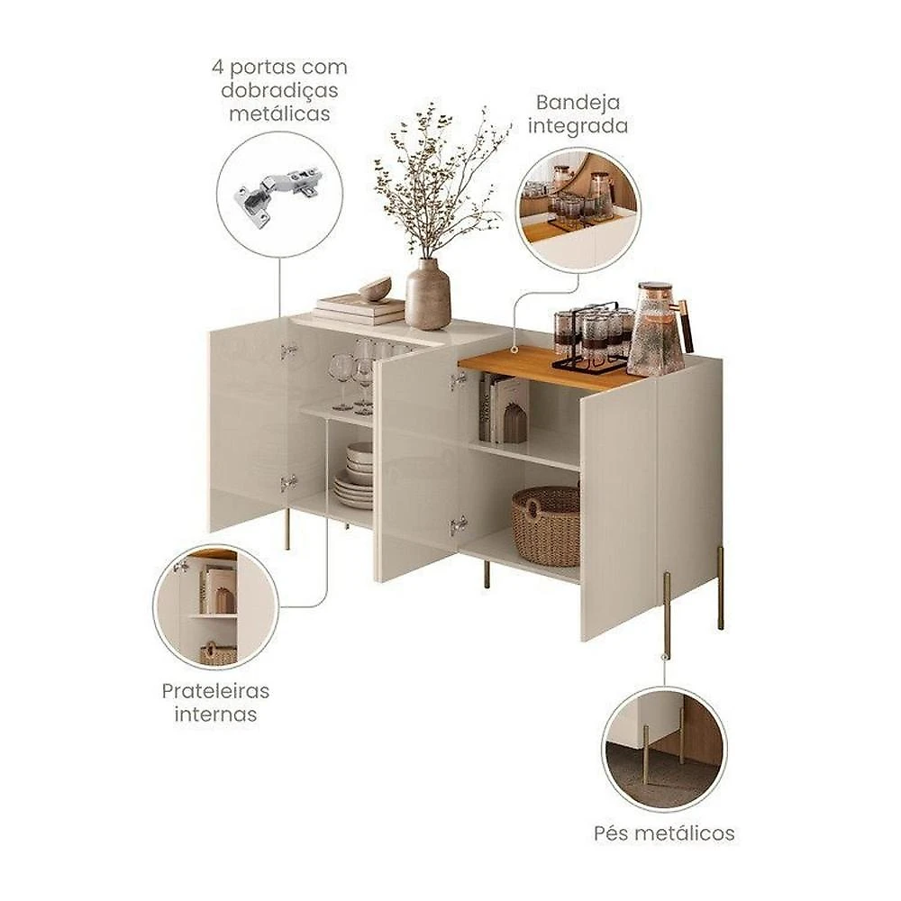 Conjunto Cristaleira Brisa e Buffet Aparador Balcão Cais Bandeja Integrada para Sala de Jantar Cinamomo/Off White