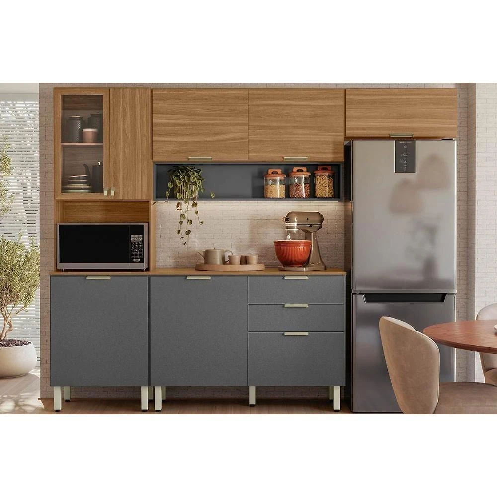 Cozinha Compacta Alba 2 Gavetas MDP 249.5CM Amêndoa Grafite Demóbile