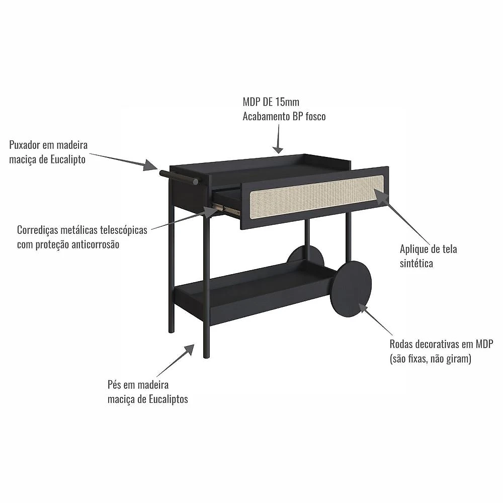 Carrinho Bar 1 Gaveta 112cm com Porta Taças Palhinha Pé Madeira Oslo Nero/Preto