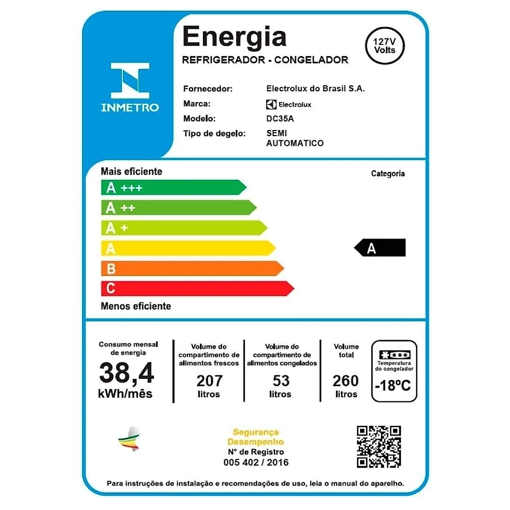 Geladeira / Refrigerador Electrolux Cycle Defrost Duplex DC35A, 260 litros, Branca  110 Volts