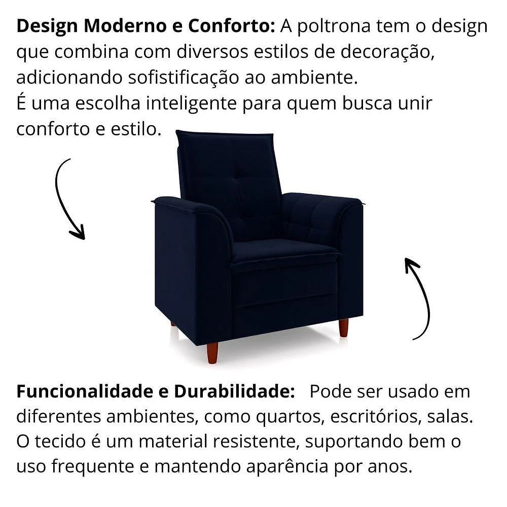 Poltrona Decorativa Estofada Confortável Sala Isis Veludo Azul Marinho